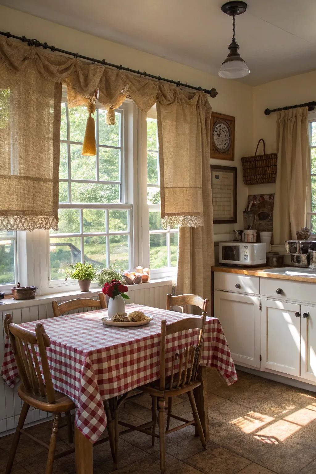 Quaint country charm with burlap half-curtains.