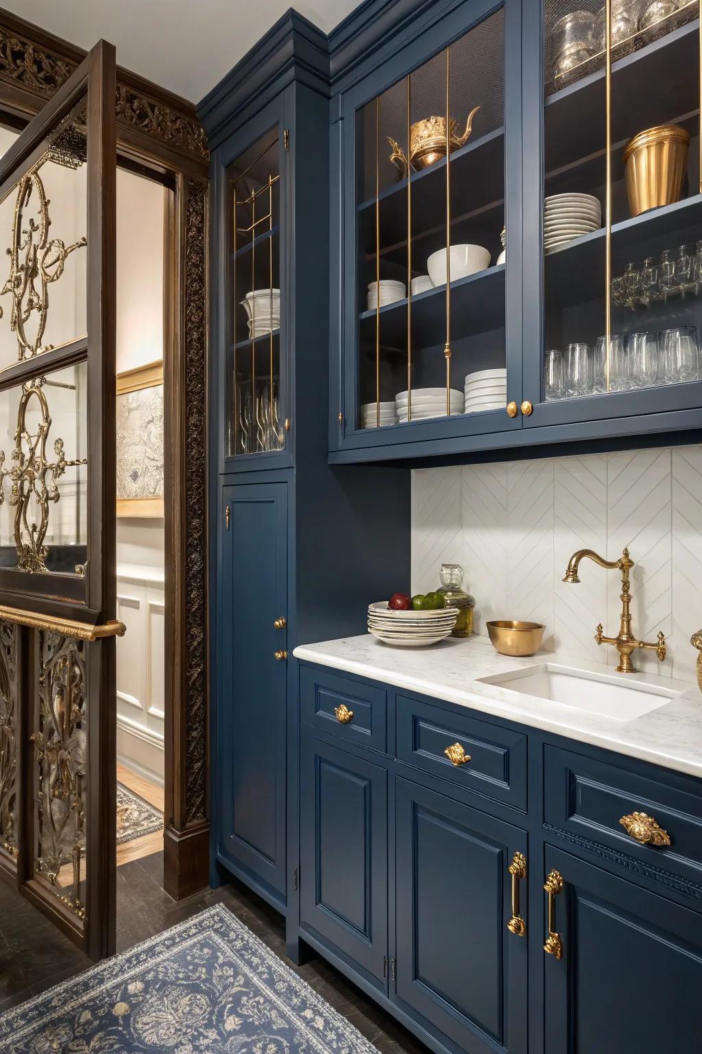 A somber color palette elevates the pantry's refinement.