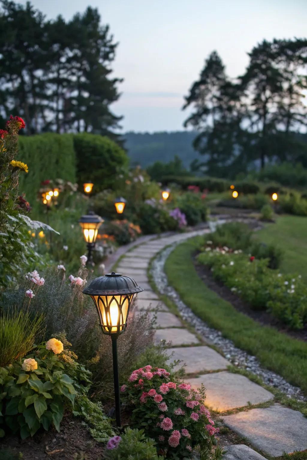 Evening illumination crafts a magical ambiance in the garden.