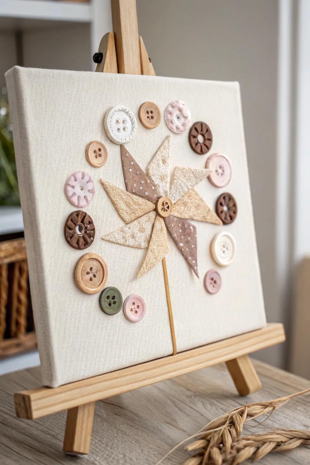Introduce rustic charm to your setting with this handcrafted button windmill art piece.