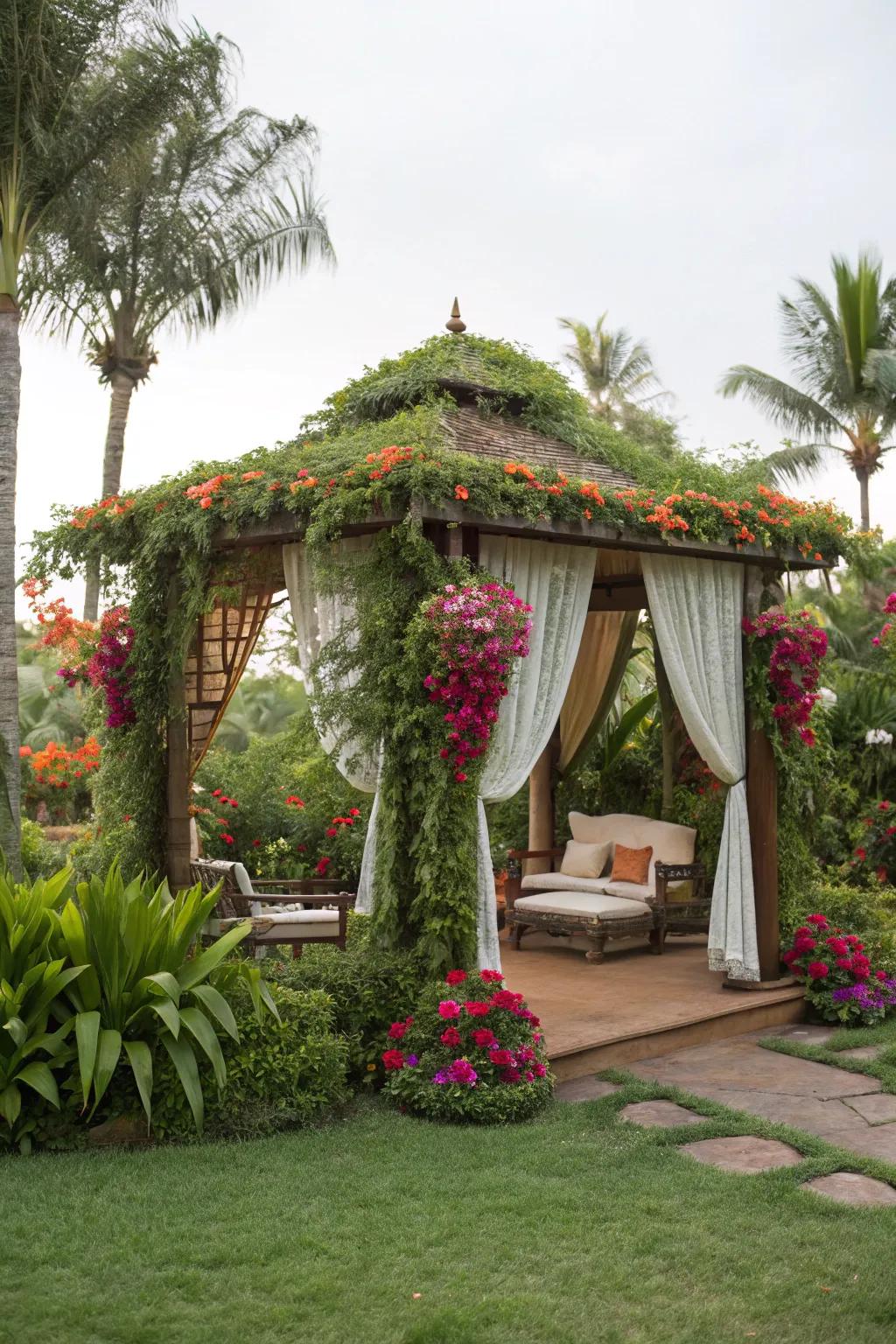A vibrant, landscaped cabana encircled by nature.
