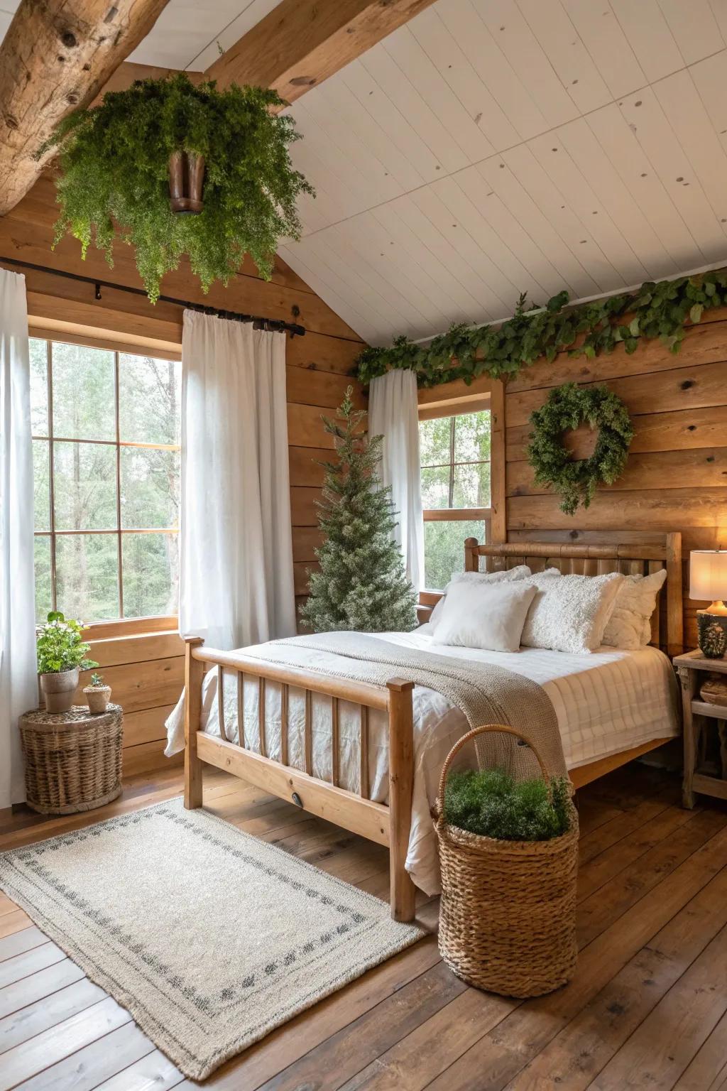 A cabin bedroom with faux greenery and natural decor.