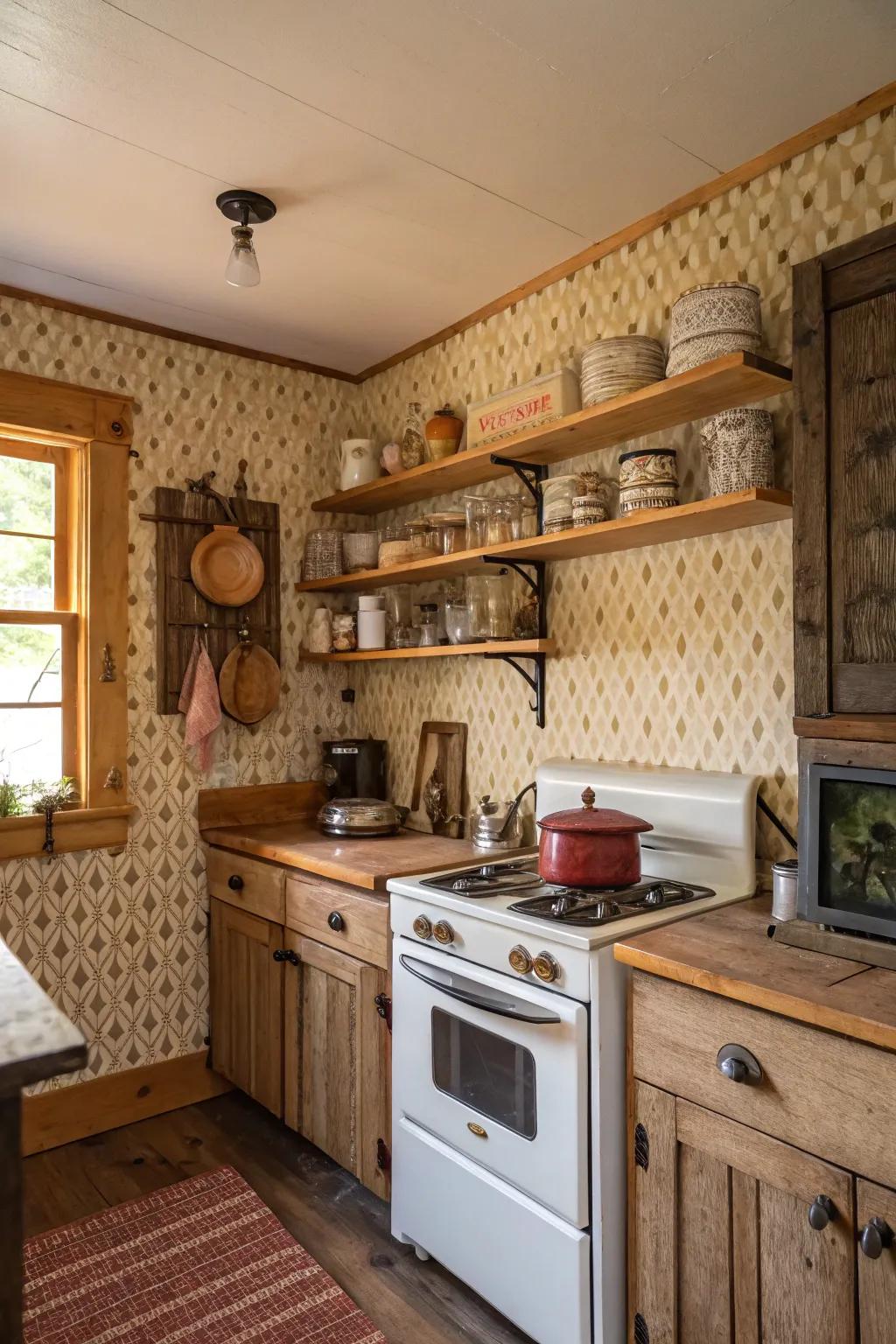 Textured wall covering introduces depth and character to a log cabin kitchen.