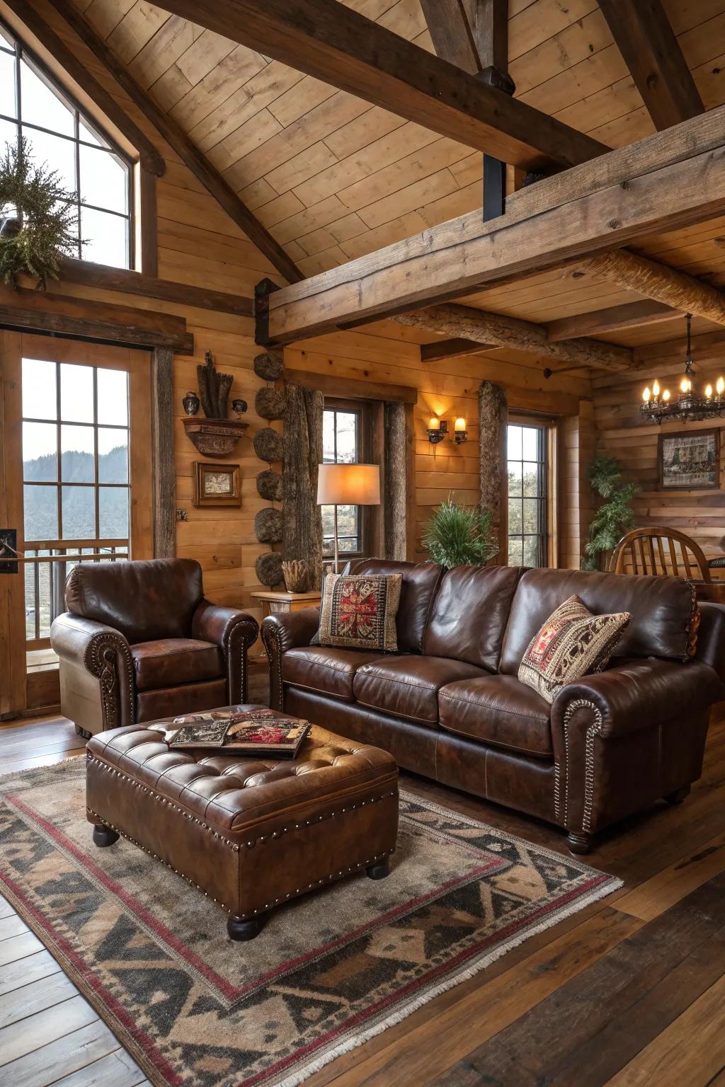 Rugged elegance is brought to the room with leather furnishings.