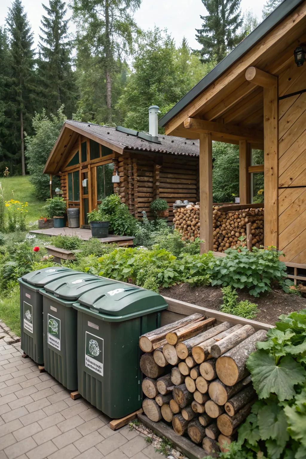 A compost area supports sustainable living at the cabin.