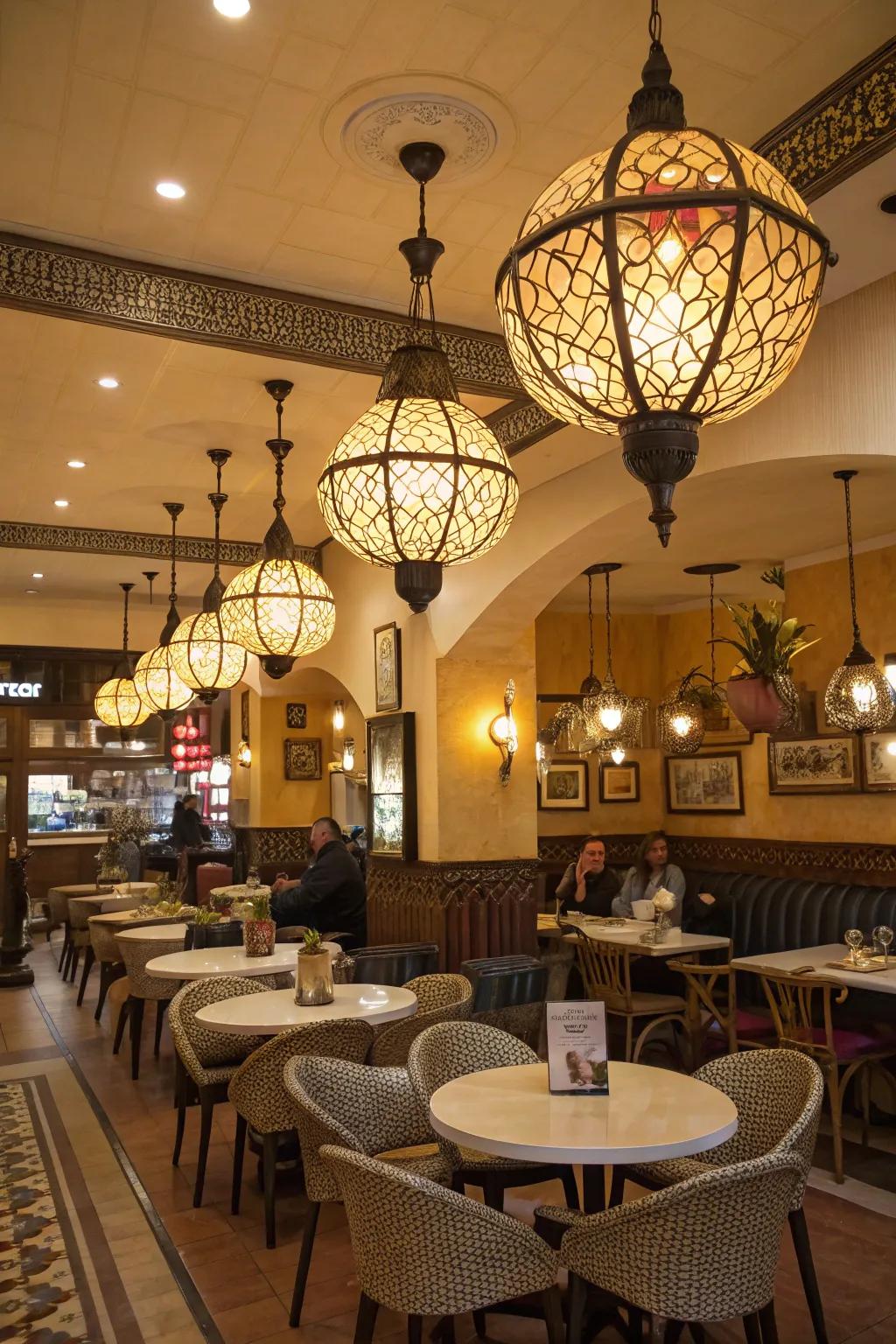 Beautiful light installations inside a café, which serve as impressive artistic pieces.