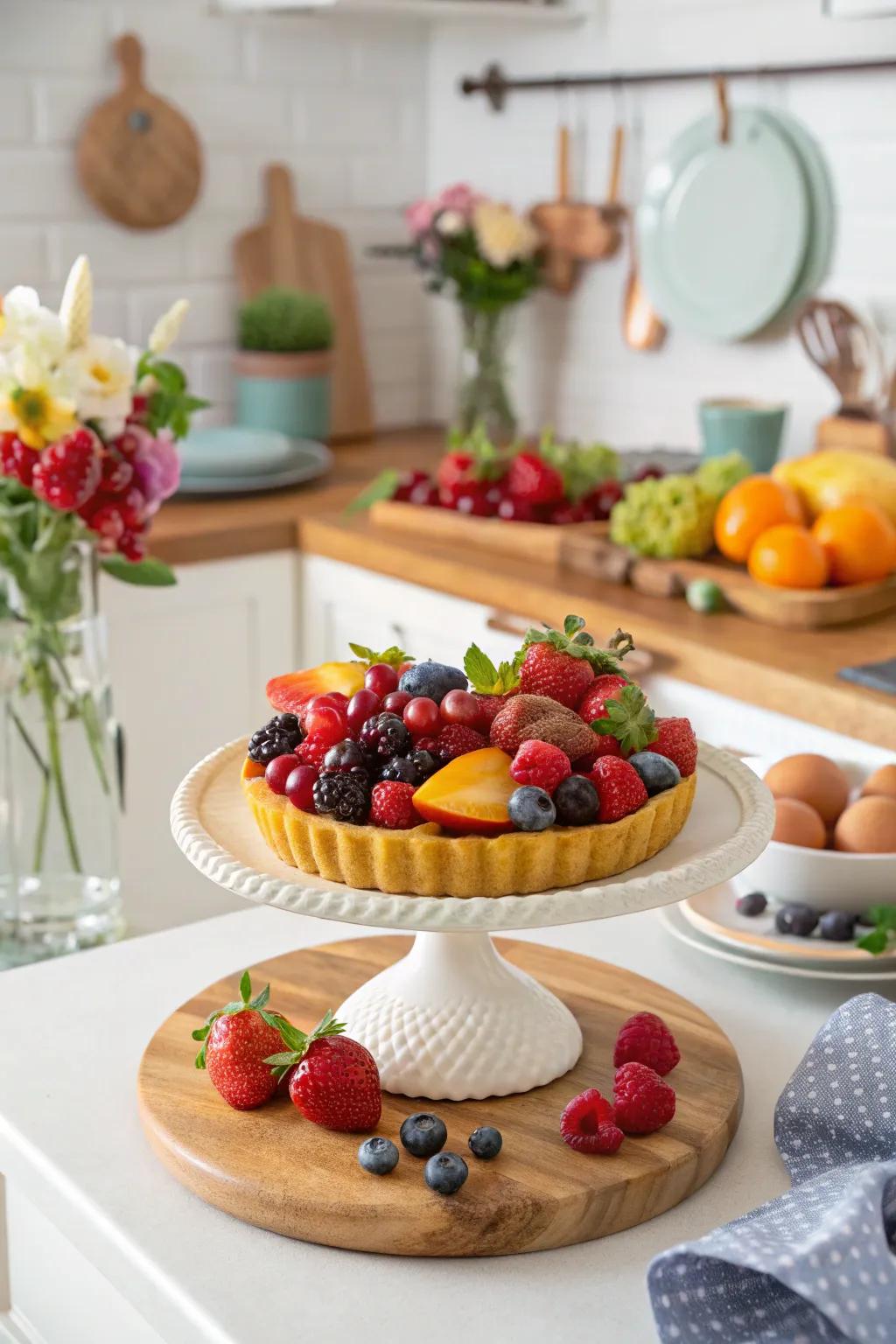A harvest presentation on a cake stand enhances freshness.