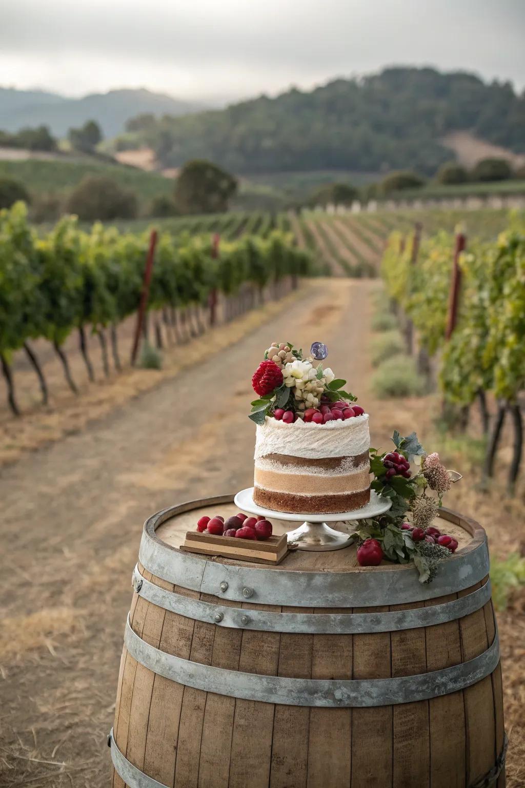 A cake presented on a wine cask, injecting rustic charm to the layout.