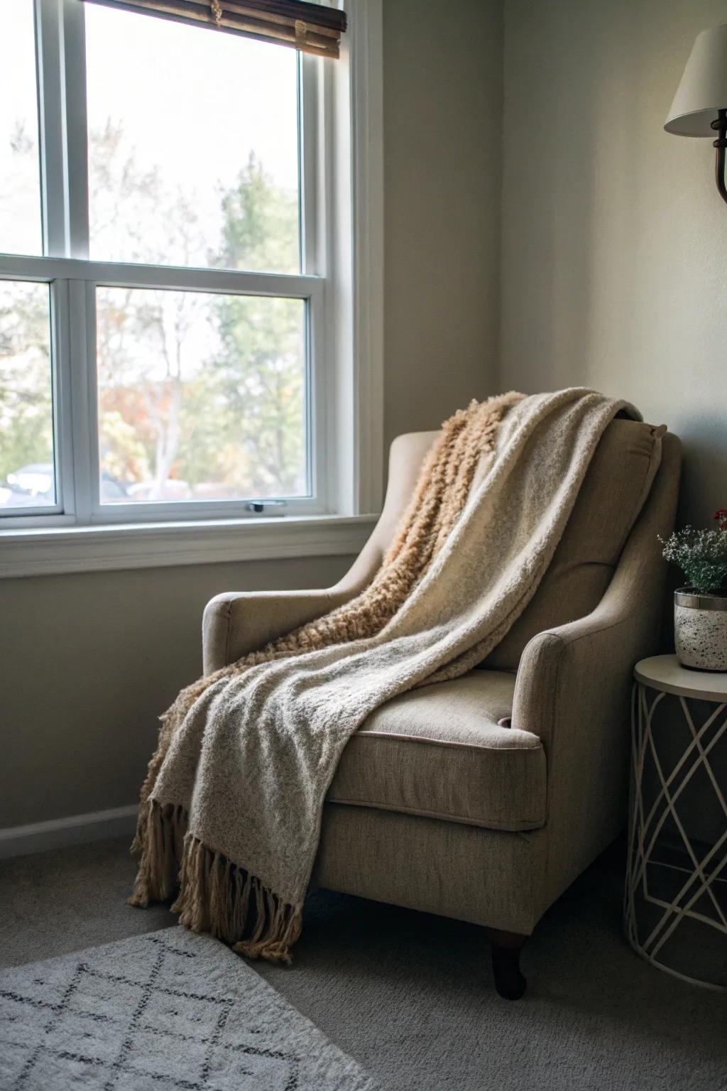 Wrap yourself in warmth with a cozy blanket in your tranquil corner.
