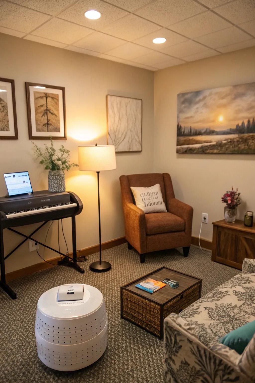 A serene ambiance is created through soundscapes.
