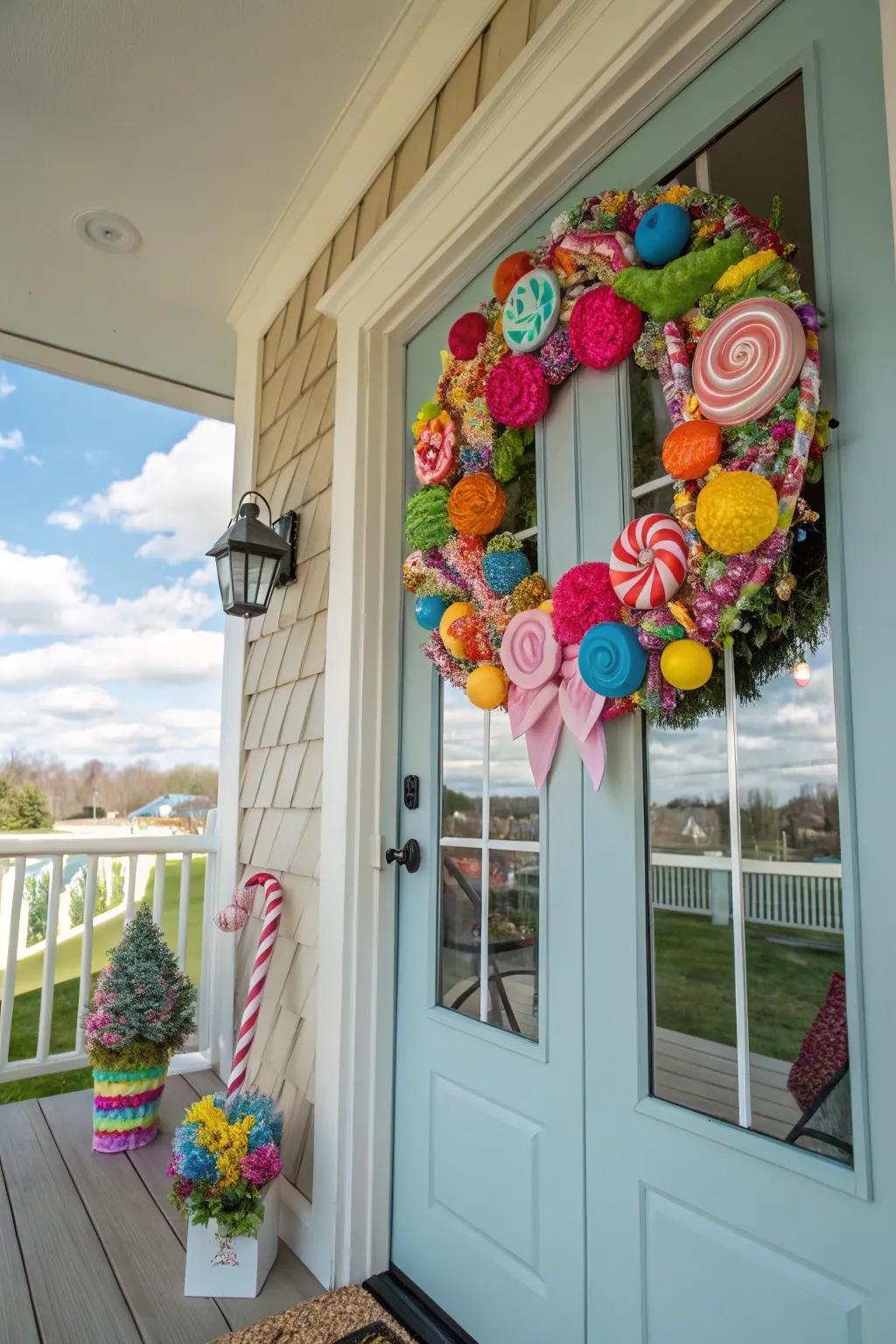 A candyland garland offers a radiant and sweet reception.