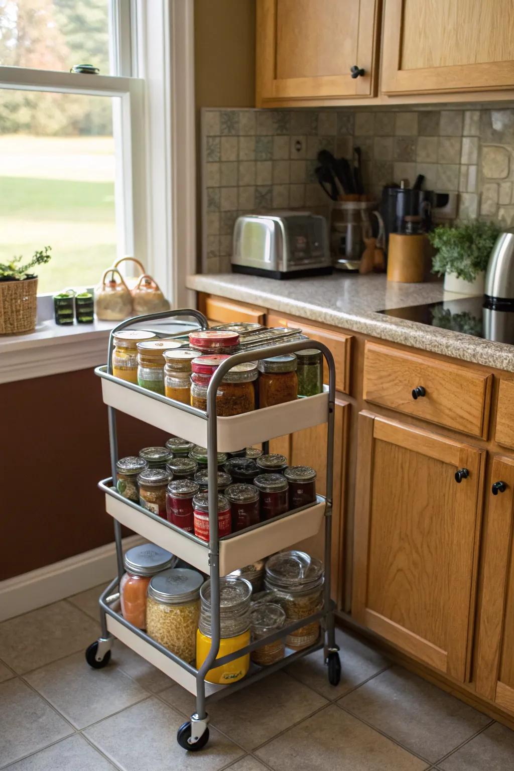 Gain mobility and convenience using a wheeled cart for your jars.