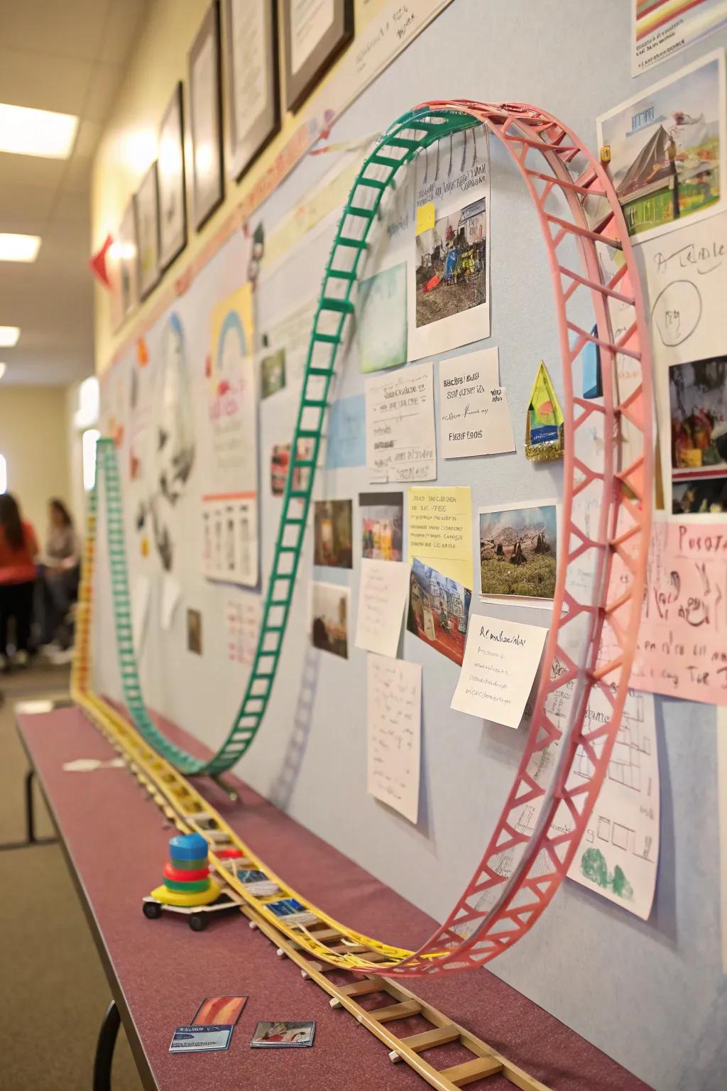 A roller coaster route introduces exhilaration and movement to the carnival-themed display.