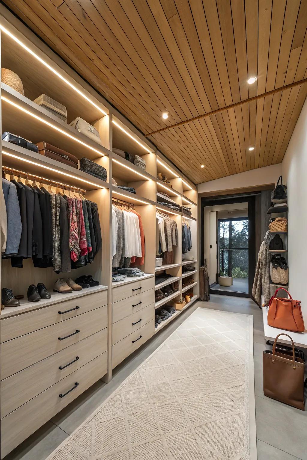 A walk-in closet boasts a cedar ceiling, transforming it into an elegant retreat.