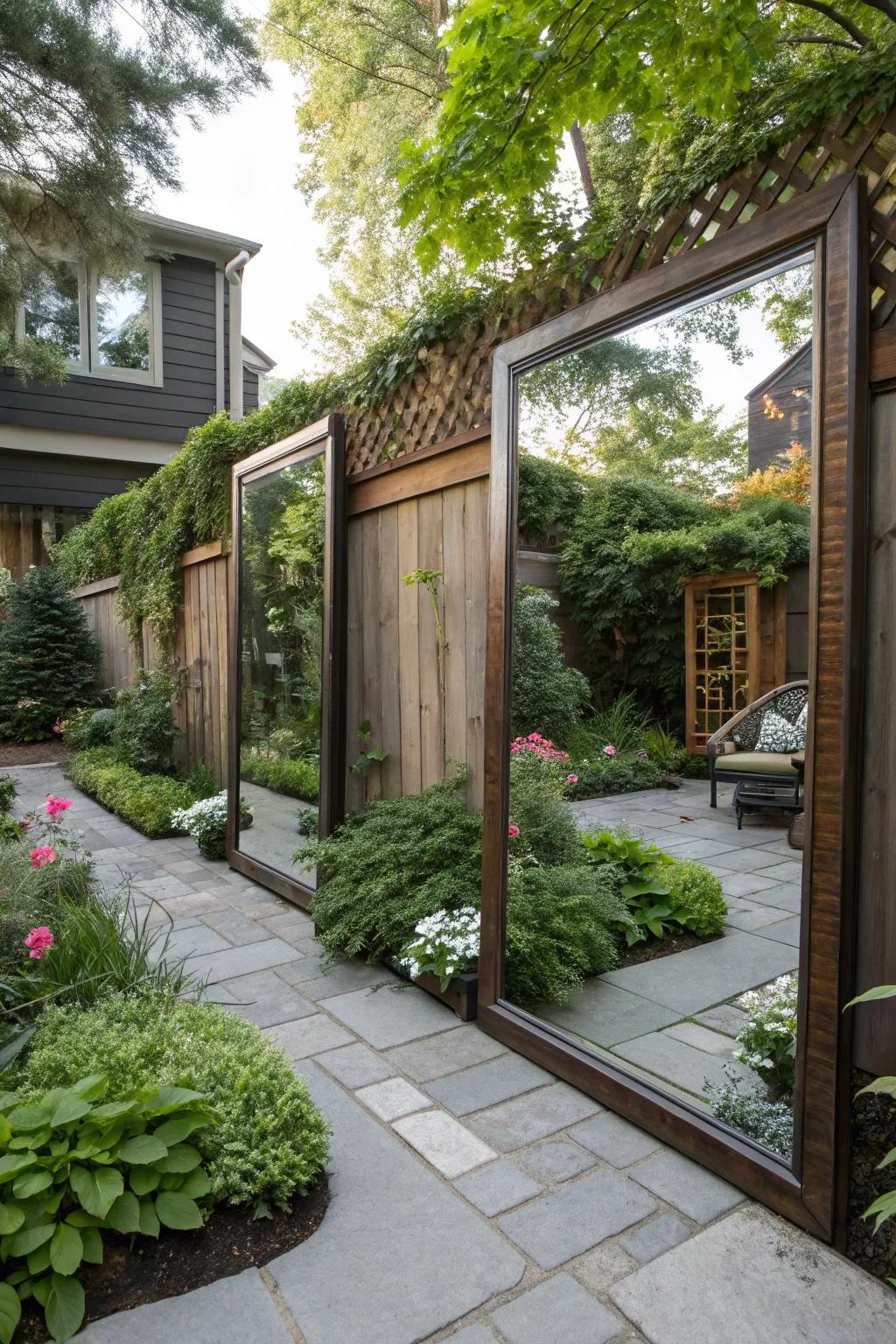 Mirrors cleverly utilized outdoors can enhance seclusion with panache.