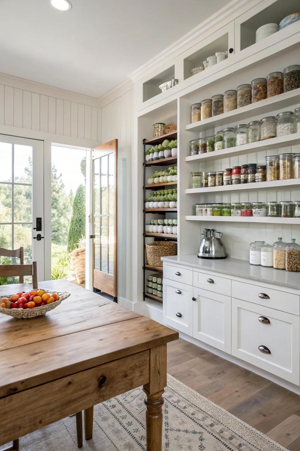 A walk-in food storage area that offers considerable storage and organization.