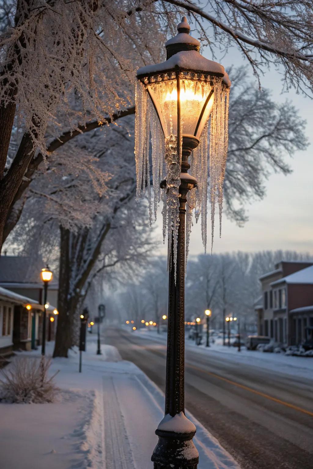 Gleaming frozen drops add a magical element to a lamp post.