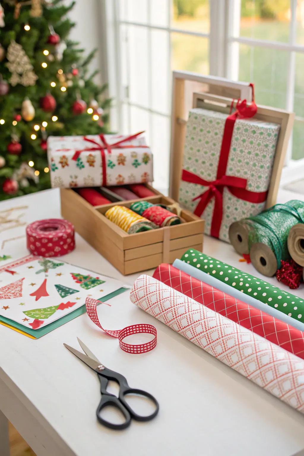 Incorporate a practical and decorative touch with a present wrapping station.