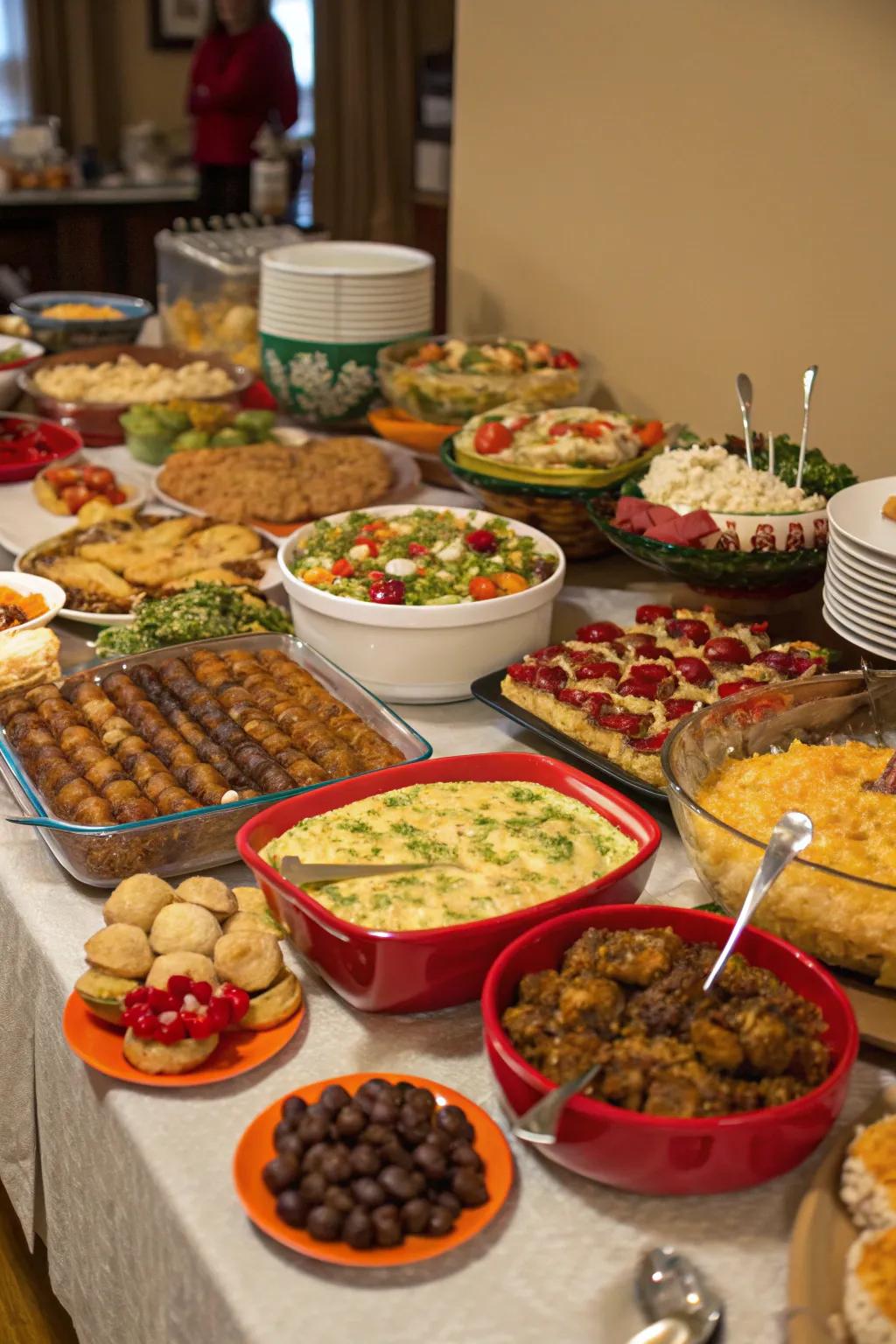 A festive shared meal feast featuring a delightful array of holiday dishes.