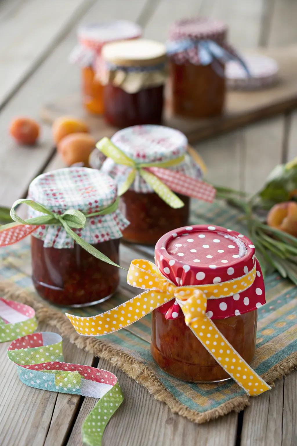 Homemade jam canisters bring a personal and sweet touch.