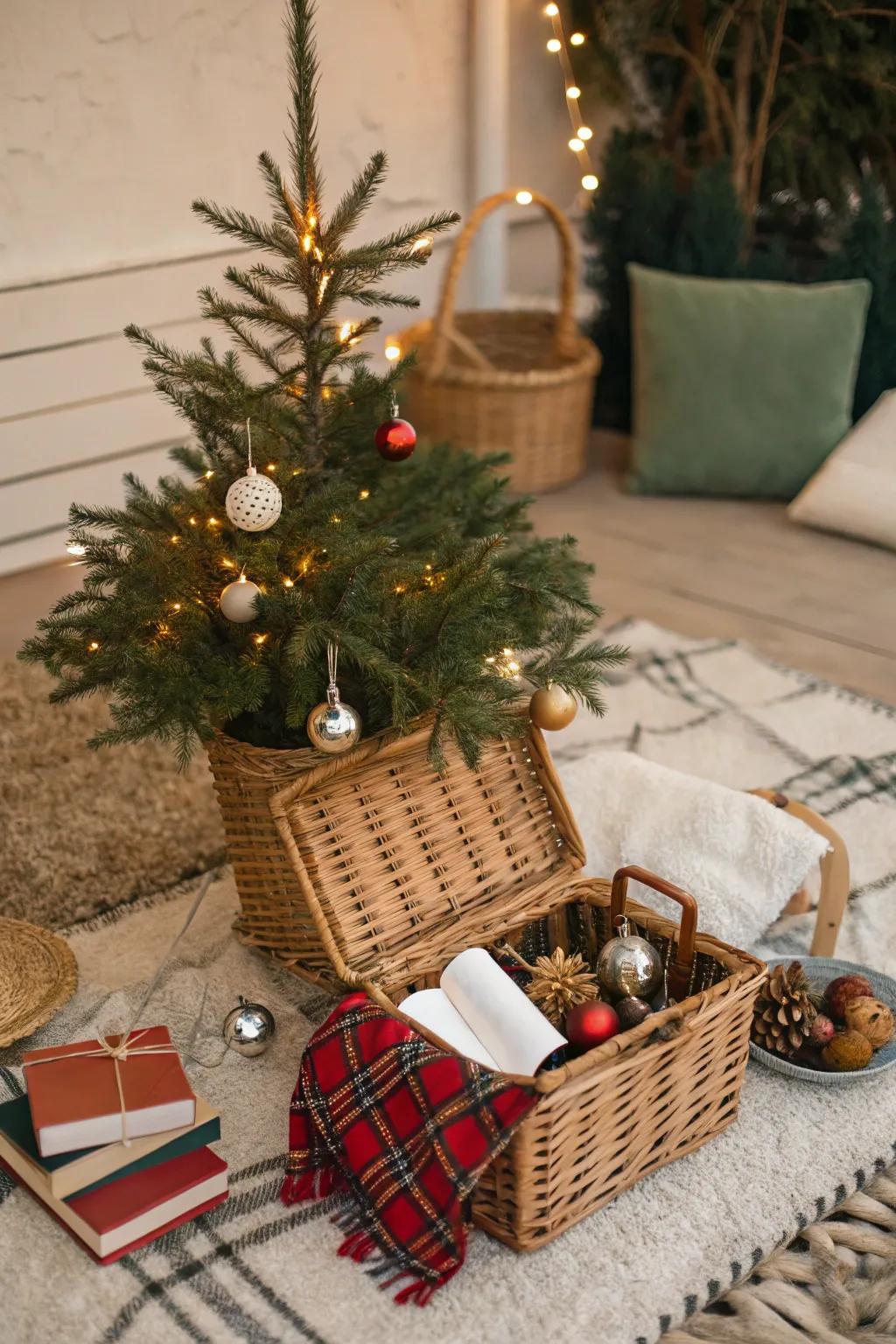 An outdoor meal basket contributes a playful touch to your tree's foundation.