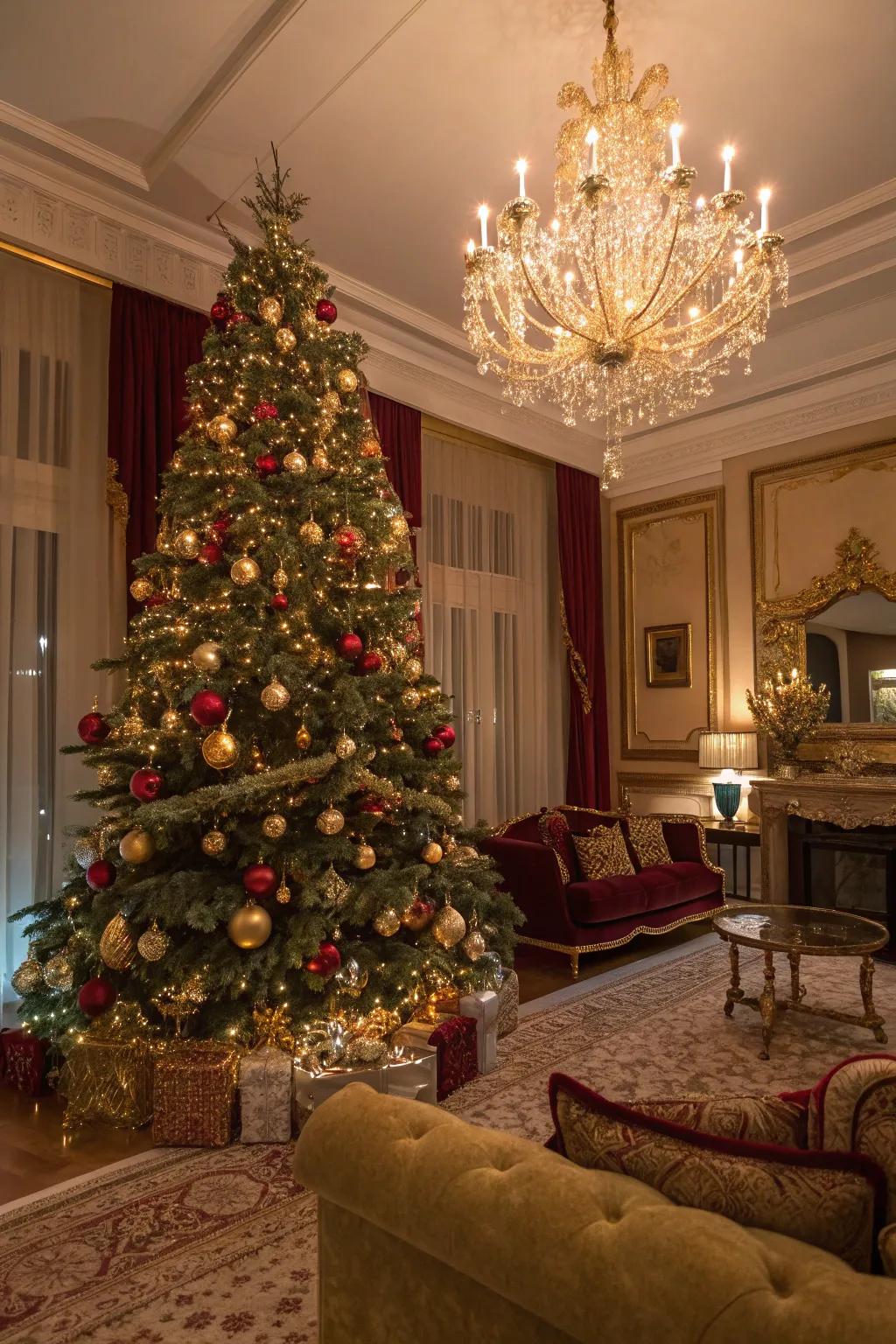 An opulent Christmas tree showcasing gilded accents and colorful lights, crafting a glamorous holiday display.