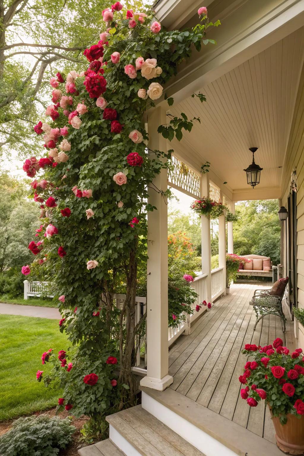 Transform a porch with dramatic rose overhangs.