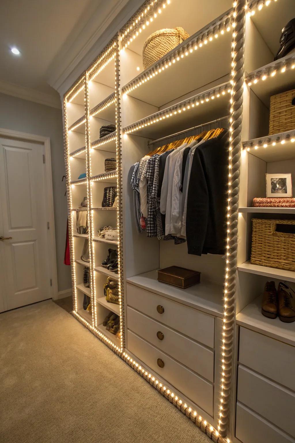 Flexible strip lighting adds a whimsical touch and enhances visibility in your closet.