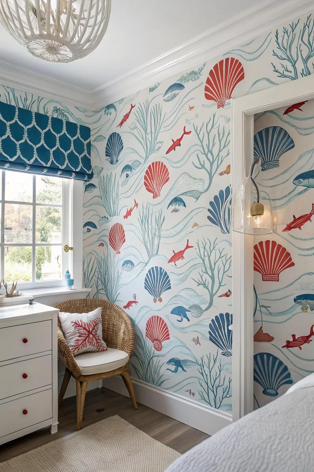 Contemporary coastal wallcovering makes a bold decorative statement.