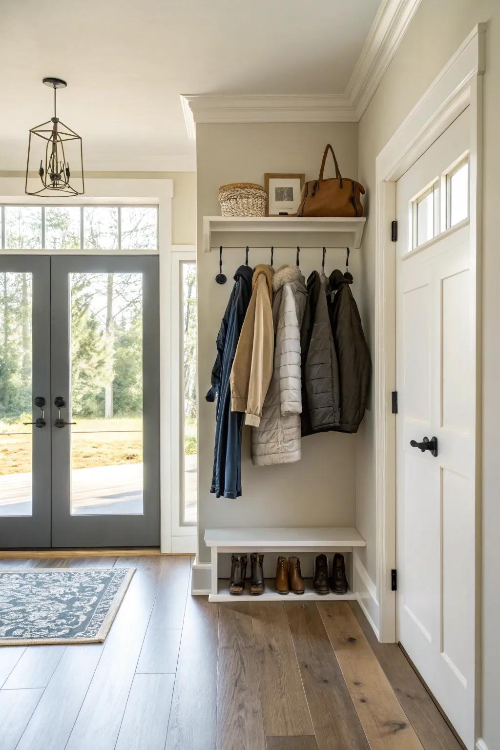 A floating coat rack design that offers a light and open aesthetic.