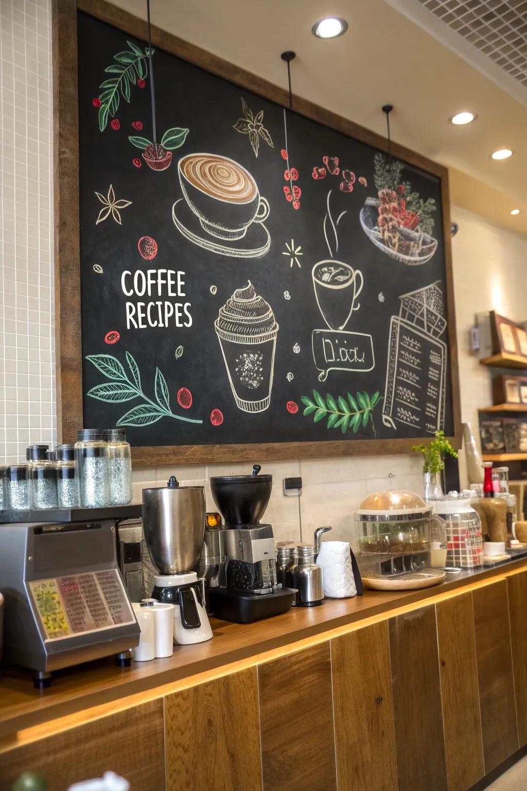 Interactive chalkboard artistry atop the coffee area.