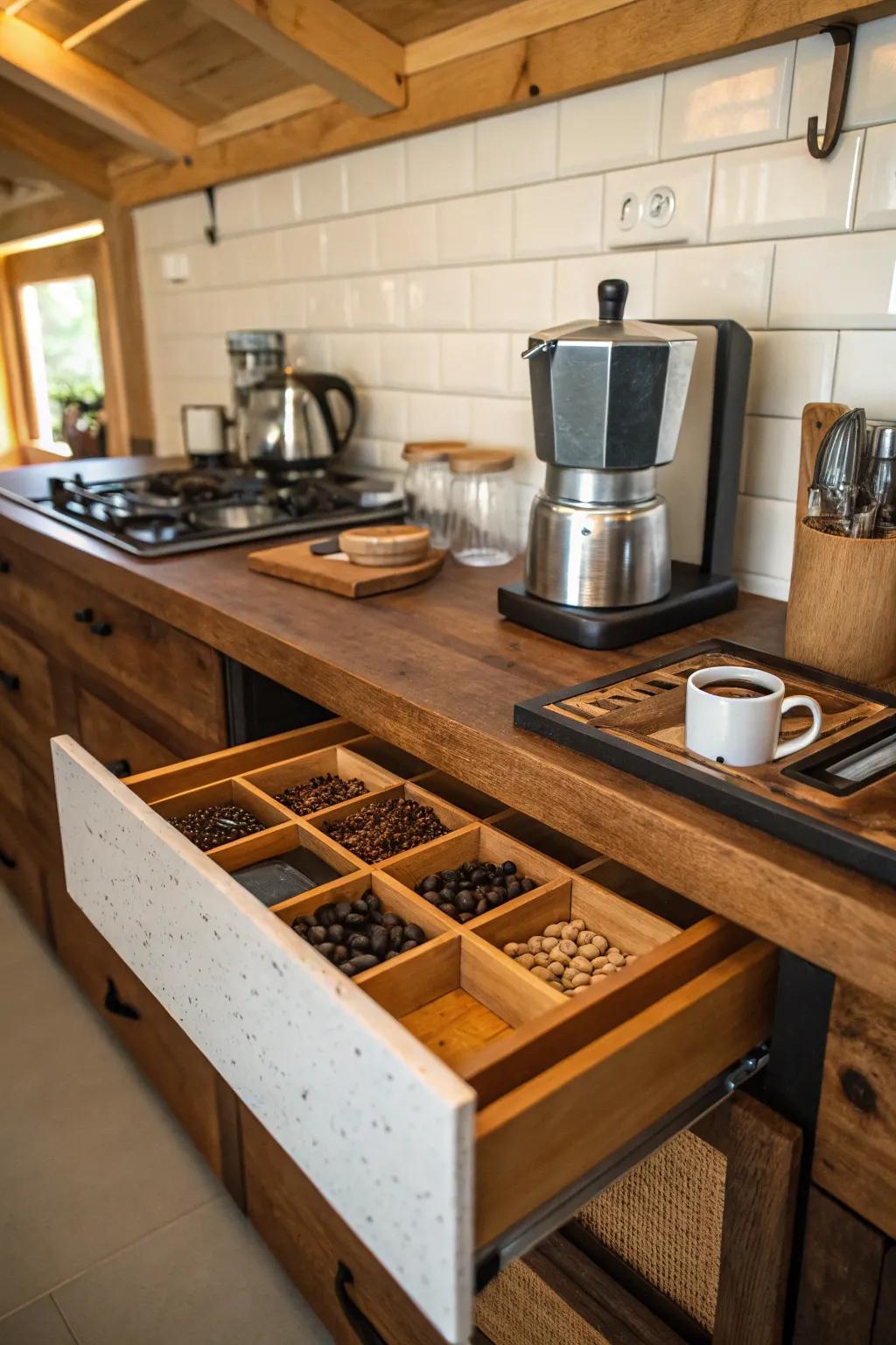 Wood accents impart natural elegance upon your coffee drawer.