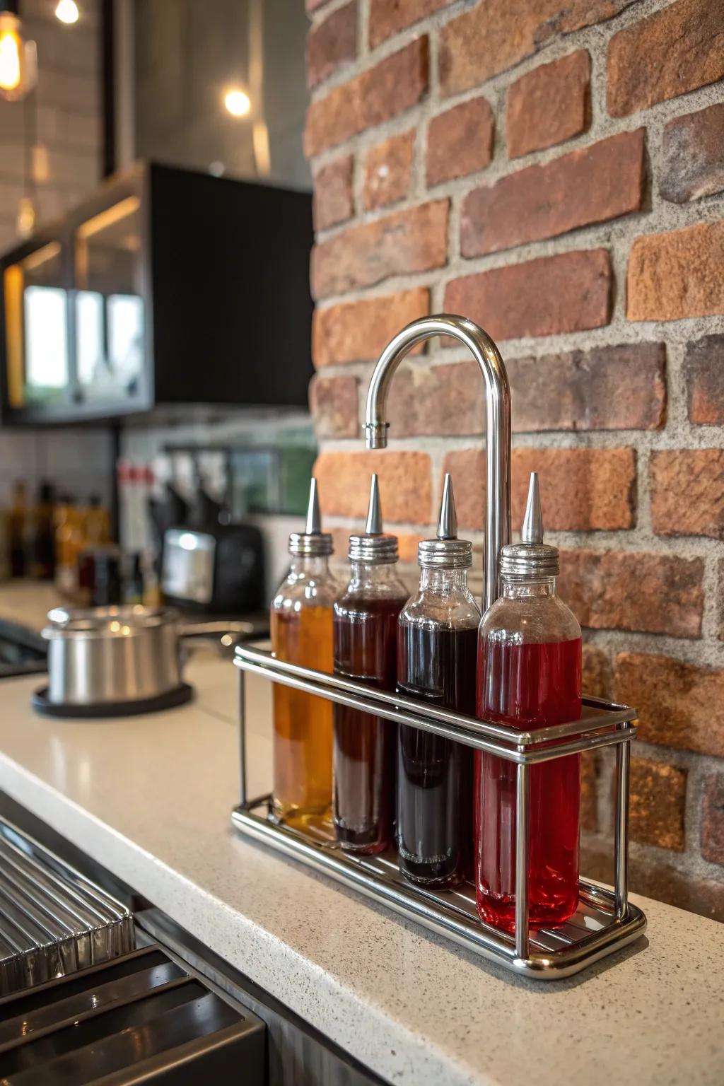 Metal pipe stand for a bold workplace chic aesthetic.