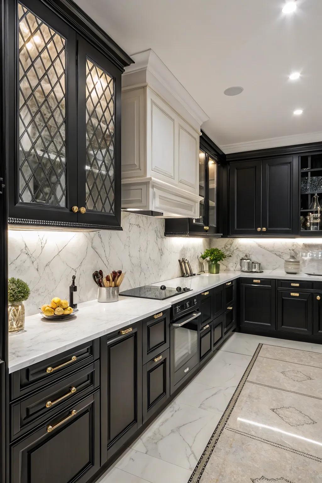 A sophisticated kitchen with a charcoal and white palette highlighting dark cabinets.