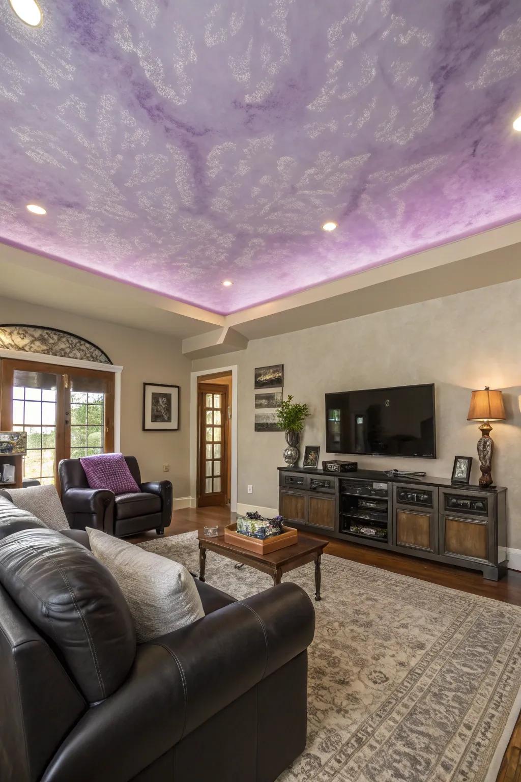 A delicate lavender ceiling adds a surprising element to this modern living room.