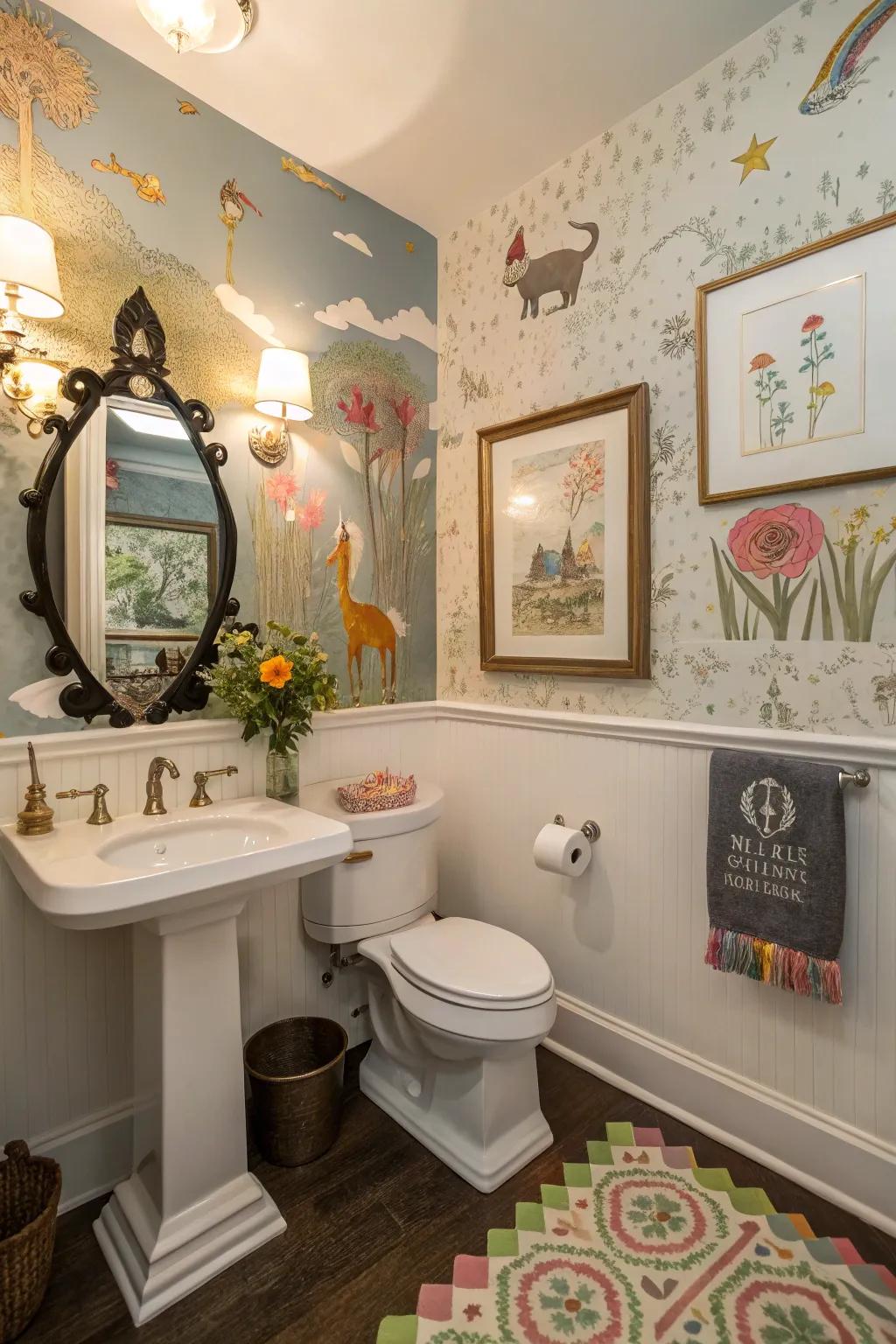Unforeseen art pieces bring whimsy to this colorful guest bathroom.