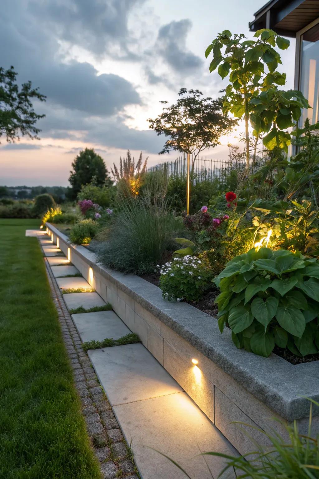 Integrated illumination within concrete edging enriches nighttime atmosphere.