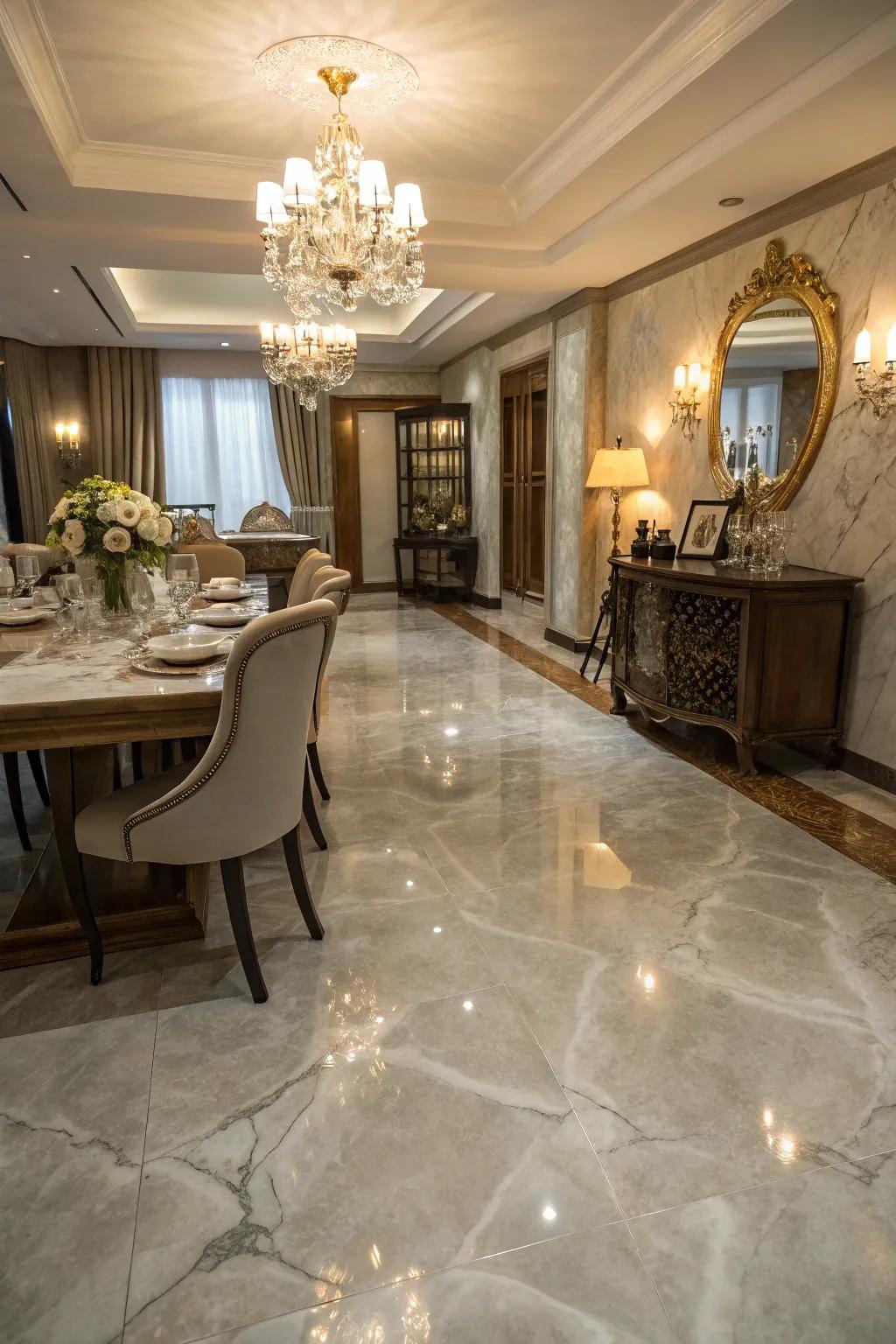 Faux marble finish on concrete flooring in an elegant dining room.