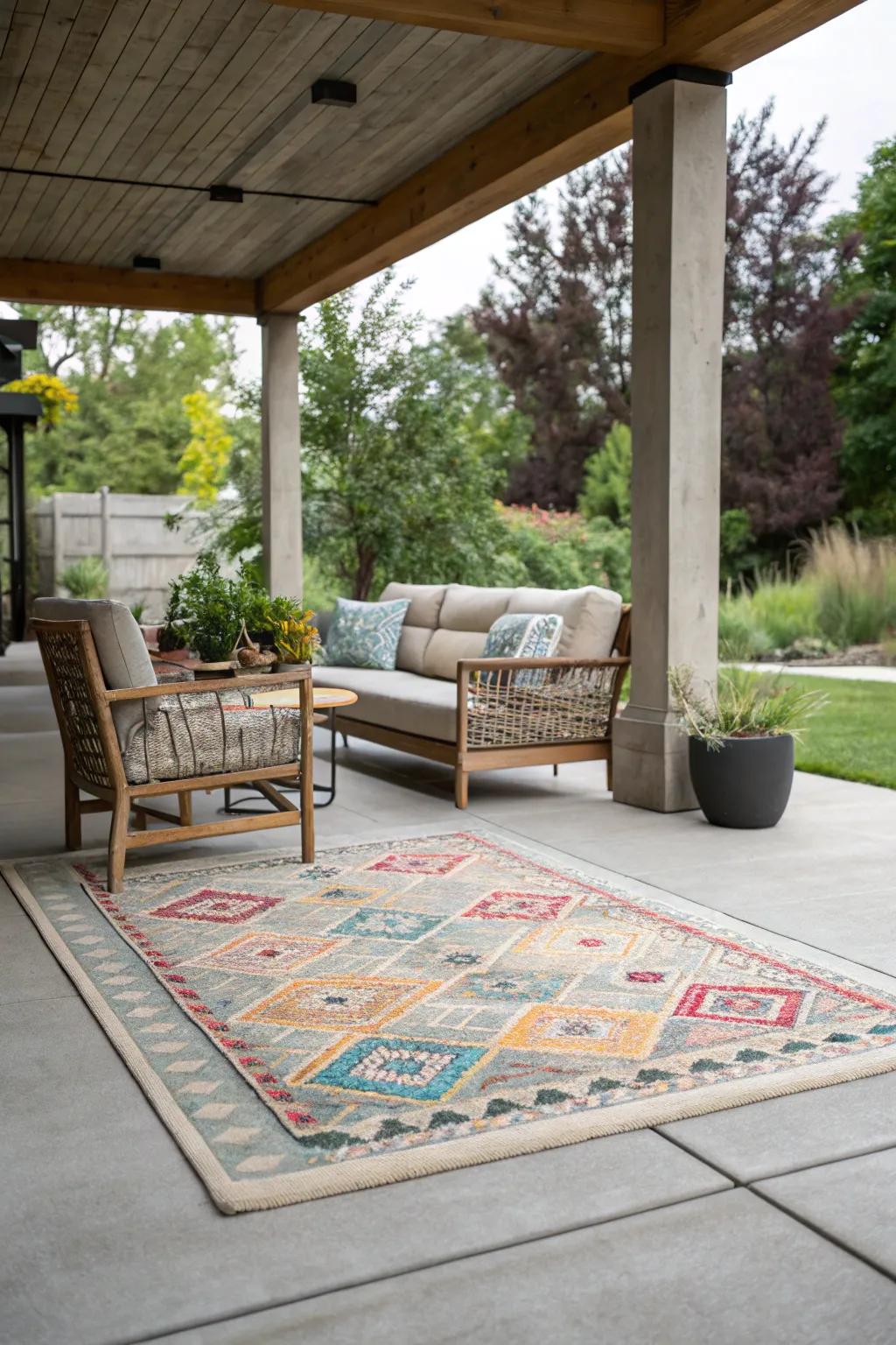 Exterior rugs contribute ease and fashion.