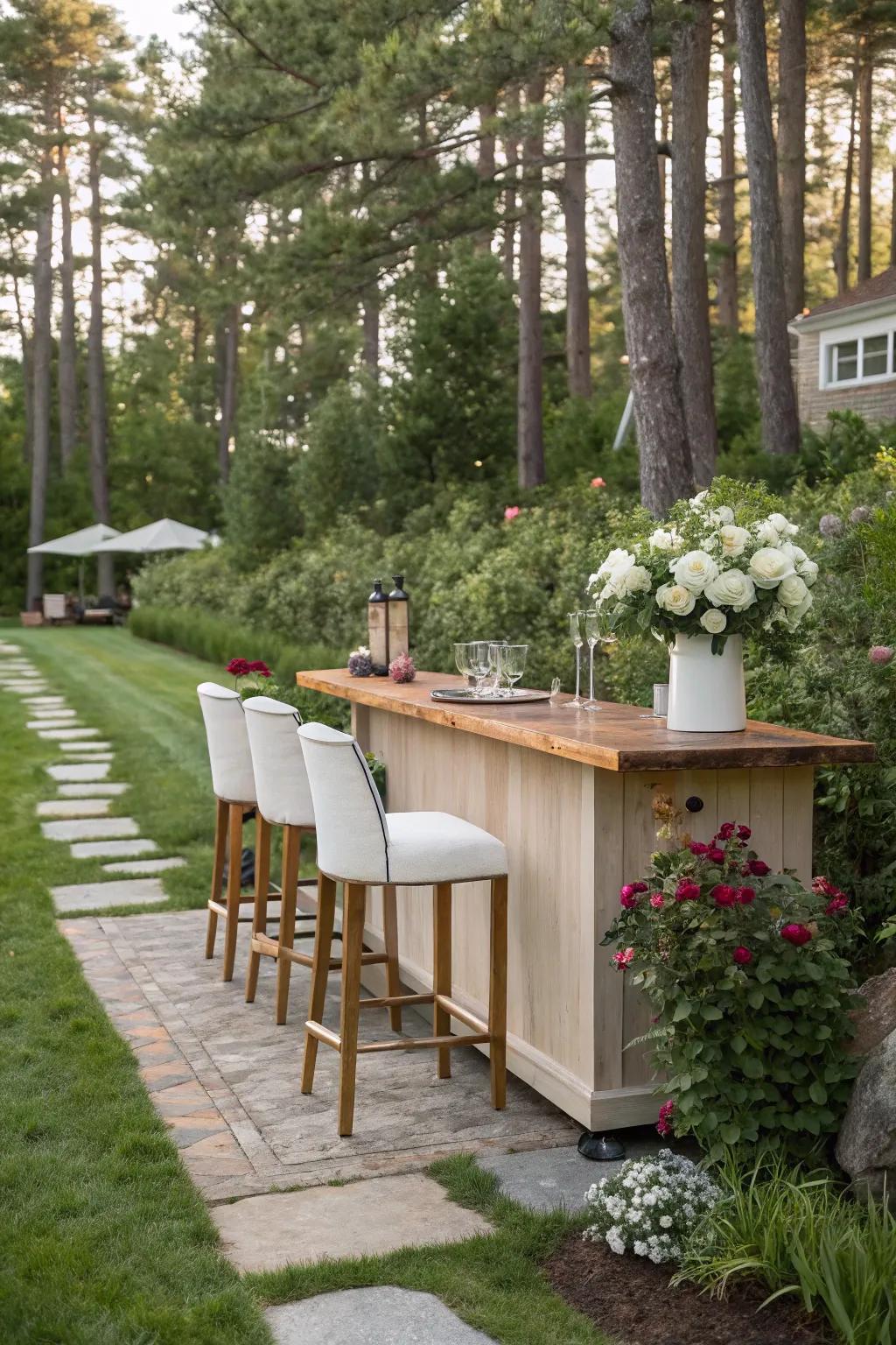 Design an outdoor retreat with a garden bar setup.