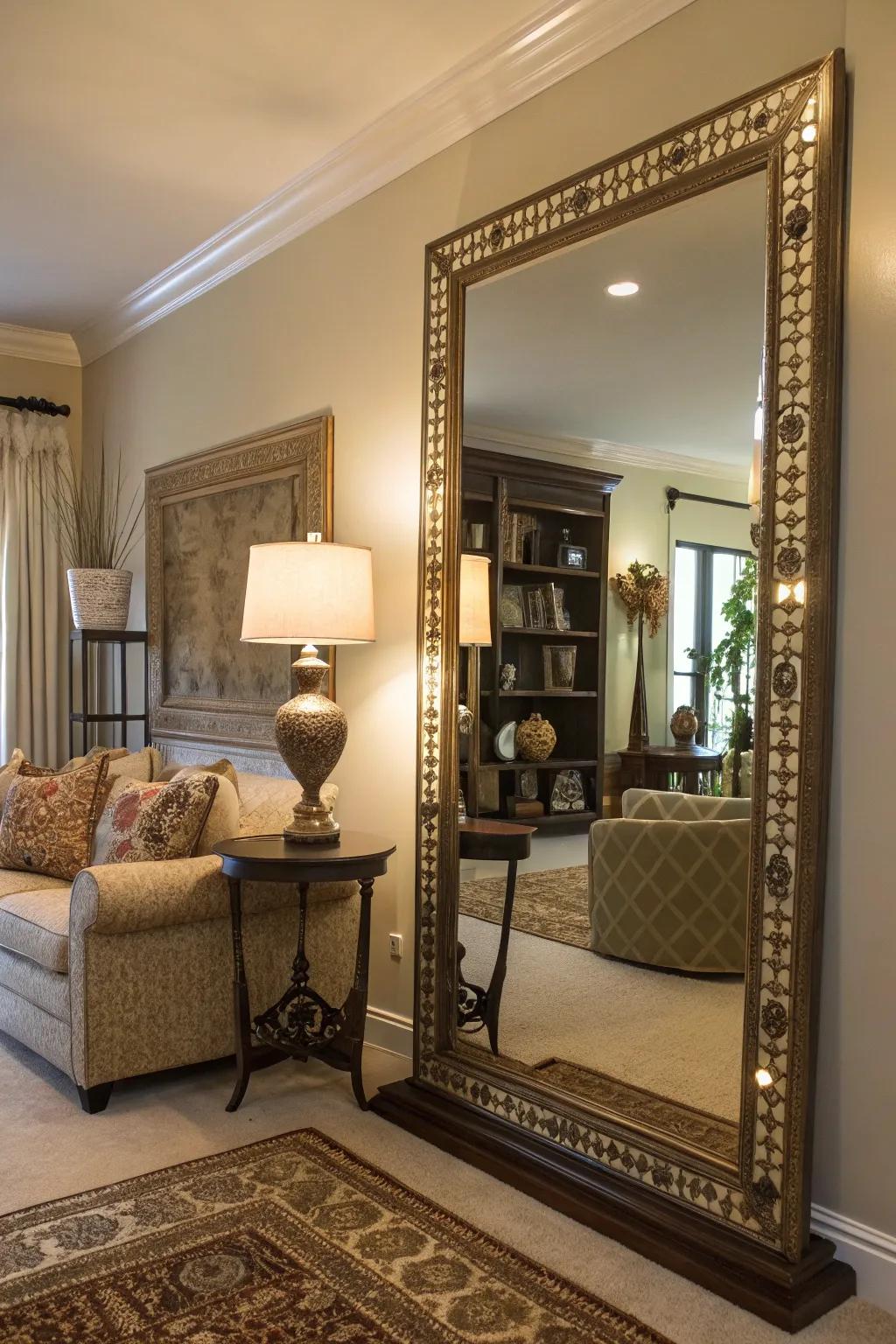 An ornamental mirror enhances both illumination and space, rendering the corner more spacious and welcoming.