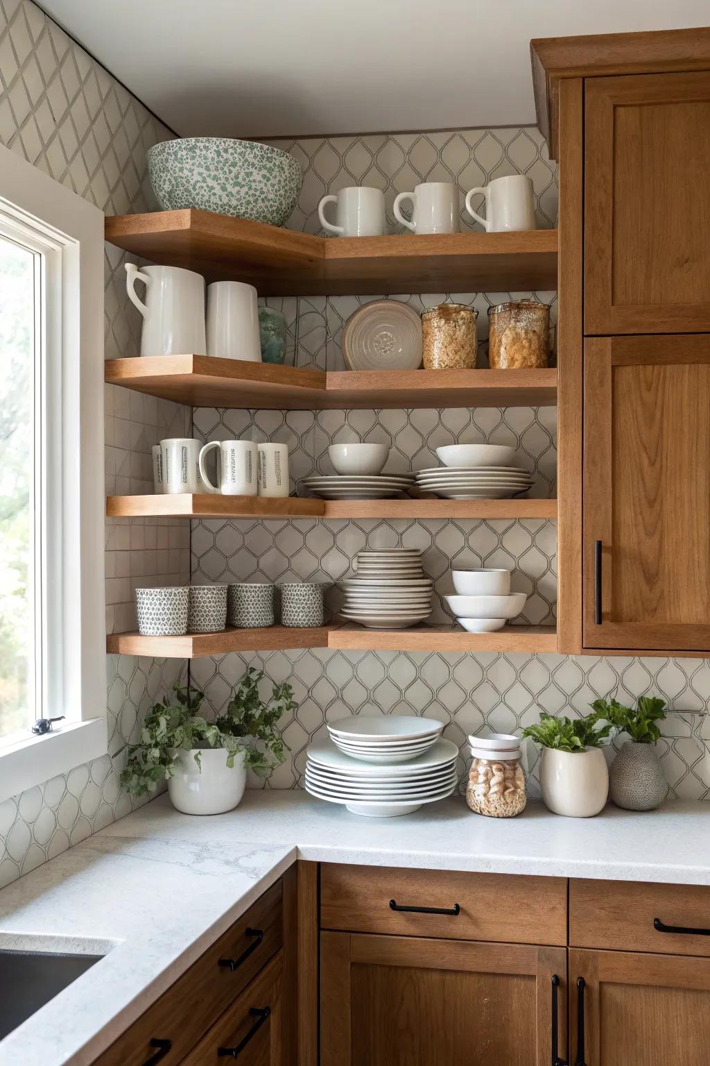 Balanced symmetry on ledges results in a soothing kitchen aesthetic.