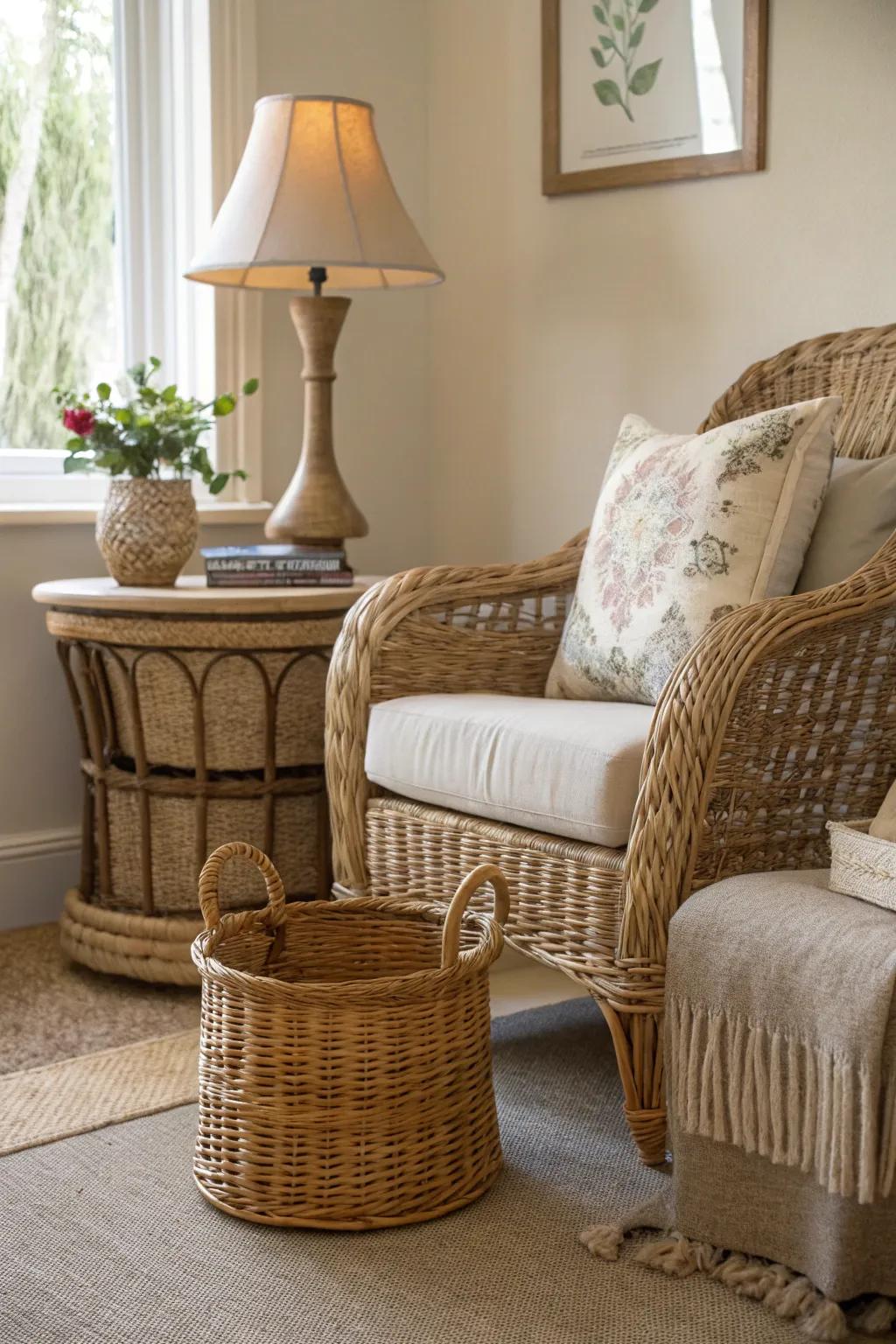 Woven accents that introduce texture and warmth.