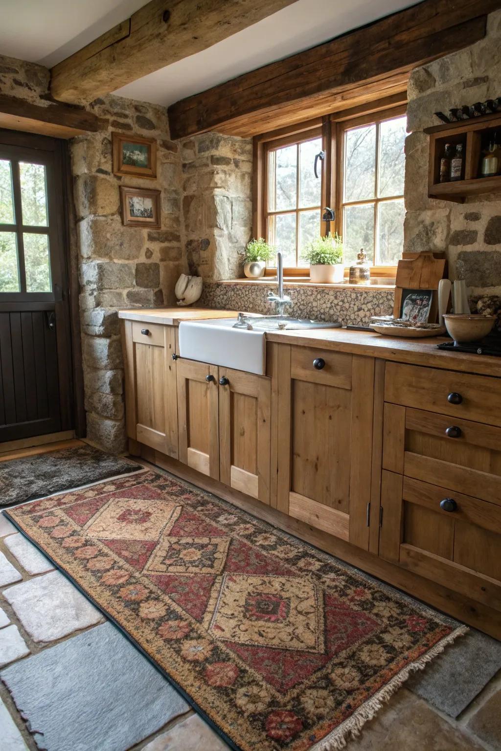 A textured rug introduces warmth and color to the kitchen floor.