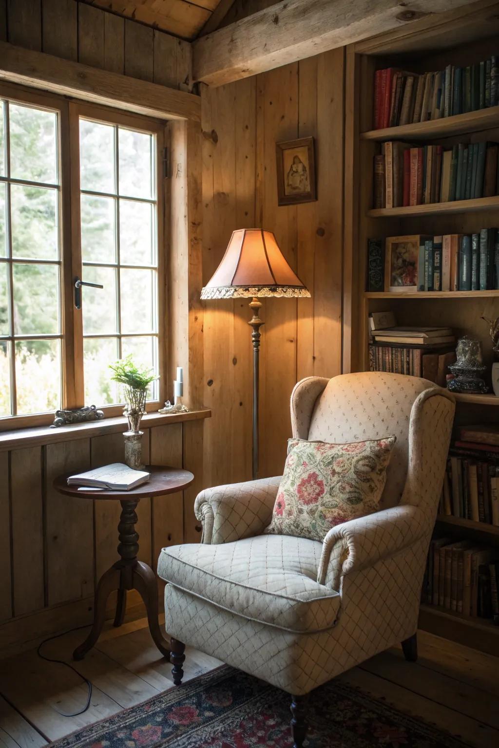 A cozy reading nook in a countryside cottage setting.