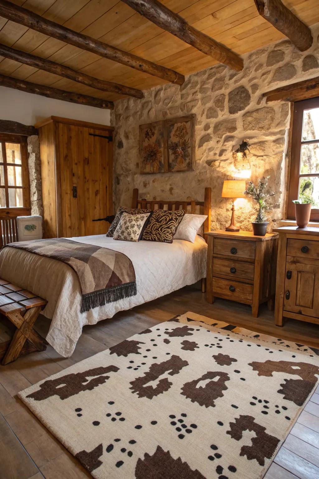 Wild animal pattern and natural materials create a warm, rustic charm.