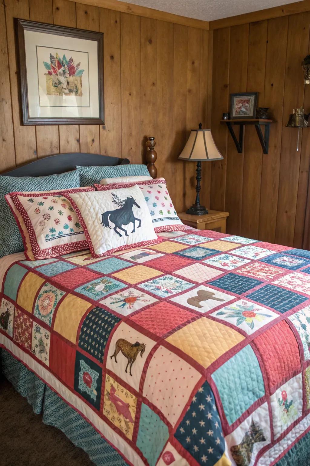 Patchwork quilts inject handcrafted comfort and warmth.
