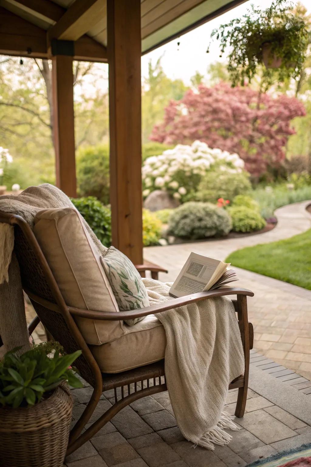 A reading nook invites relaxation and escape.