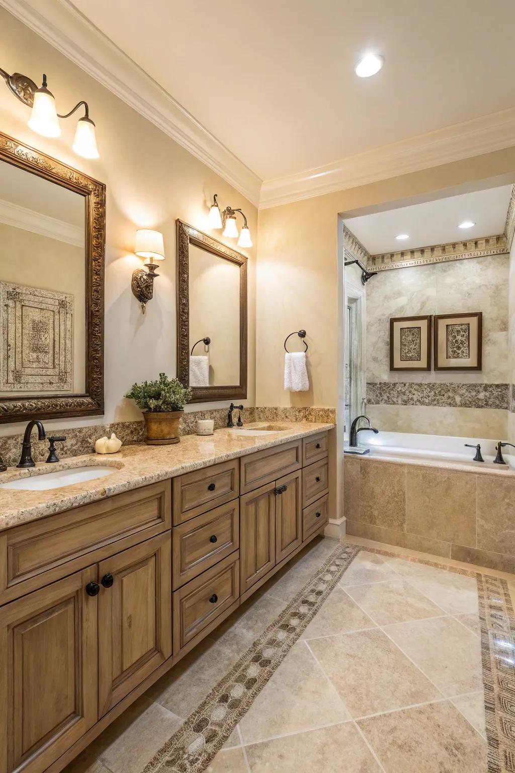 Inherent stone elements append refinement to this cream bathroom.