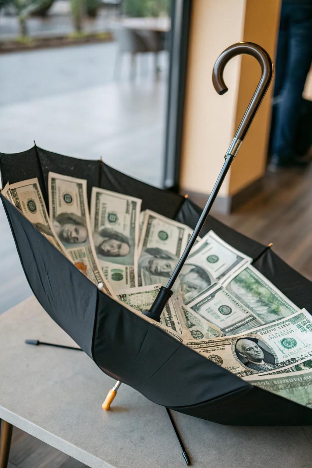 A parasol that 'rains' currency for a special surprise.